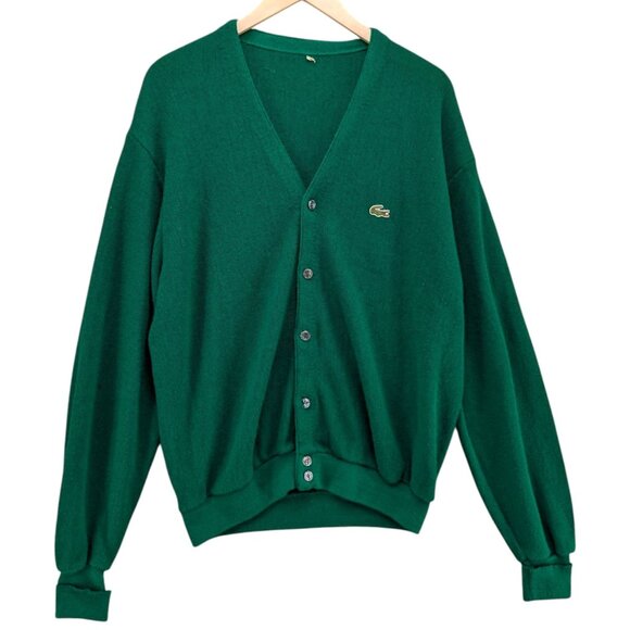 Vtg IZOD Lacoste One Point Oron Acrylic Cardigan Mens Green Button Up Size XL - Picture 1 of 11